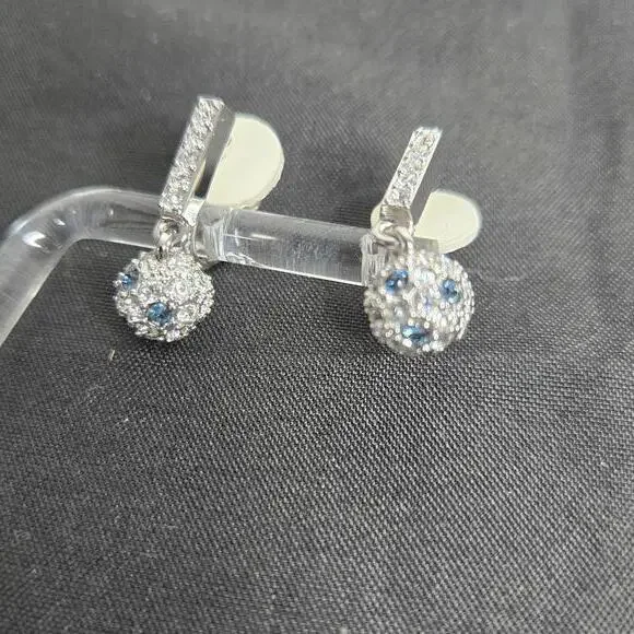 Swarovski Rhinestone Ball Drop Earrings Silver Tone White Blue Crystal Pave Clip - Picture 6 of 8